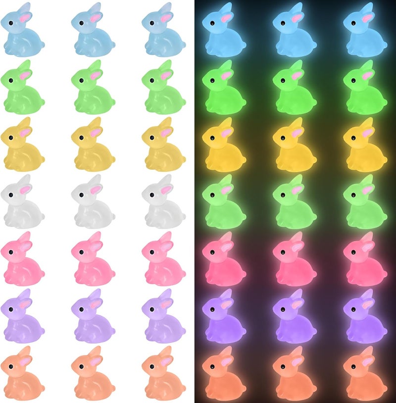 Yuronam 50 PCS Luminous Mini Resin Bunny Tiny Plastic Rabbits Glow in the Dark Miniature Bunnies Figurines for Easter Egg Fillers Fairy Garden Miniature Moss Landscape Decoration (7 Colors Tiny Bunny) - Image 1